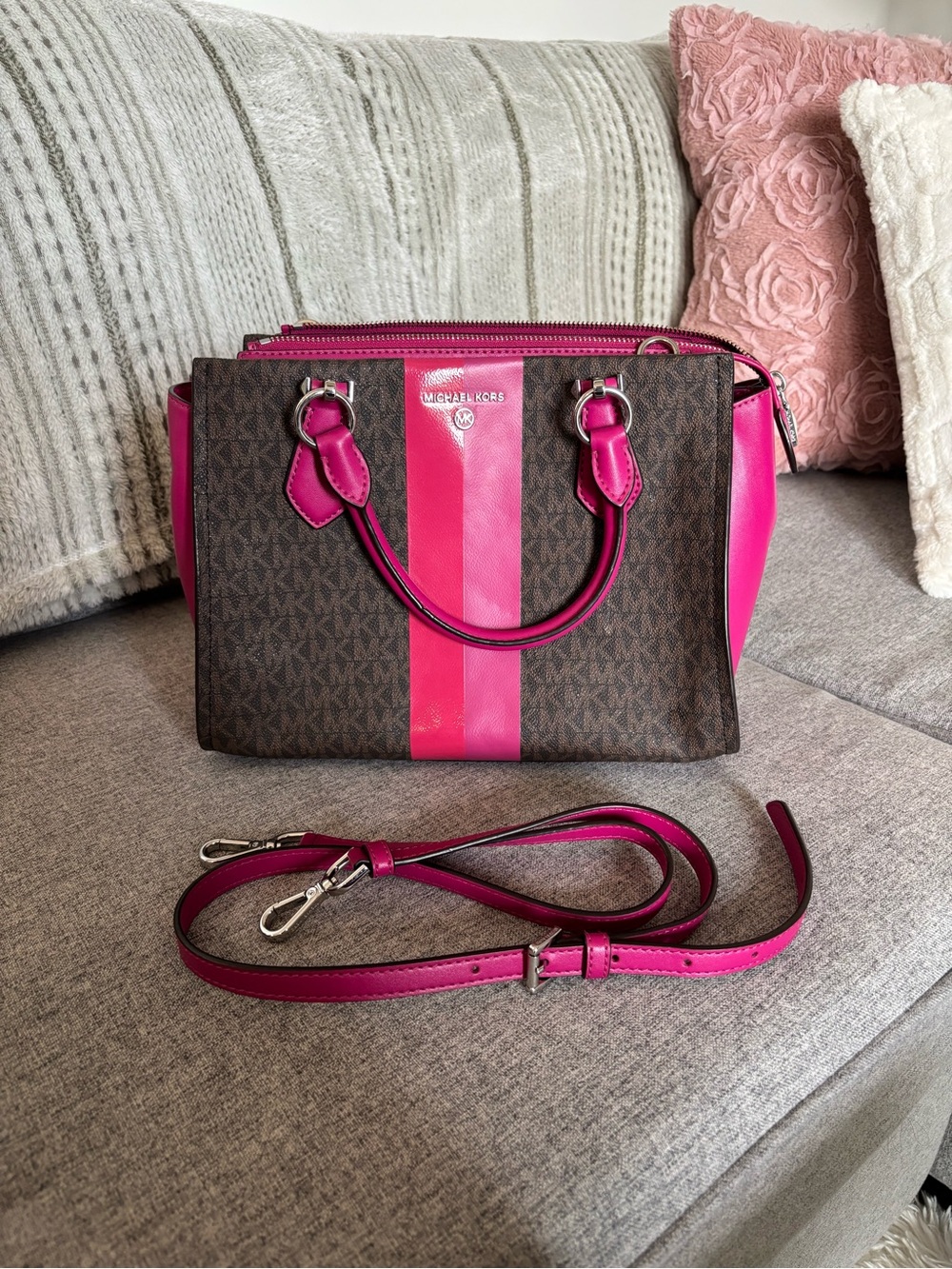 Michael Kors Brown Logo Satchel with Hot Pink Stripe